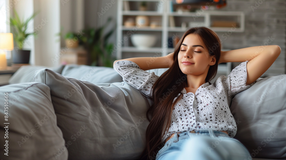 Young beautiful woman resting on cozy sofa in living room Young beautiful woman resting on cozy sofa in living room