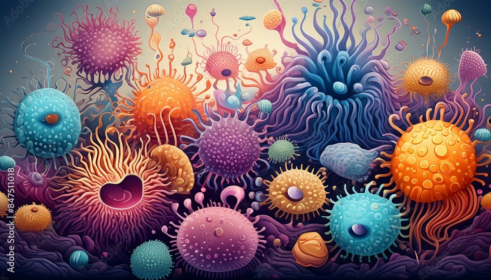 The intricate details and vibrant colors of the germs make this illustration a standout piece that is sure to attract attention and spark interest in the field of microbiology. The intricate details and vibrant colors of the germs make this illustration a standout piece that is sure to attract attention and spark interest in the field of microbiology.