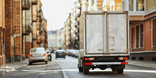 Fototapeta Naklejka Na Ścianę i Meble -  Delivery truck driving through city street