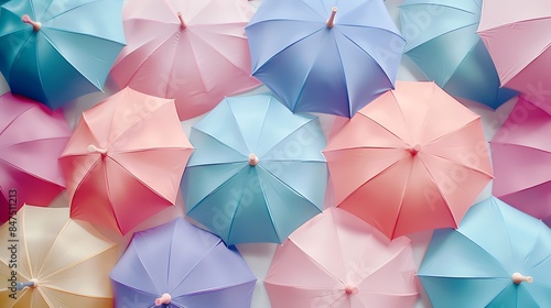 Pastel color umbrellas background colorful decoration top view rain protection for crowd safety concept