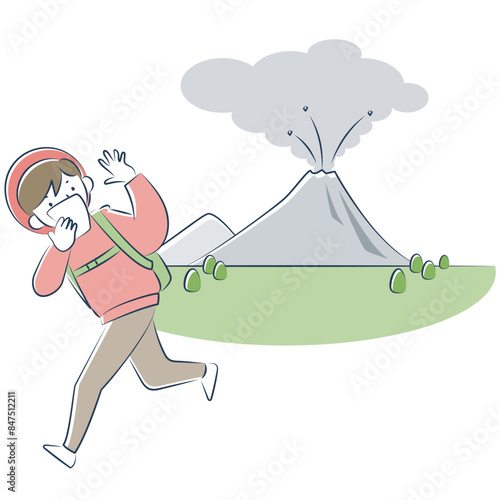 登山中に火山の噴火にあって避難する女性