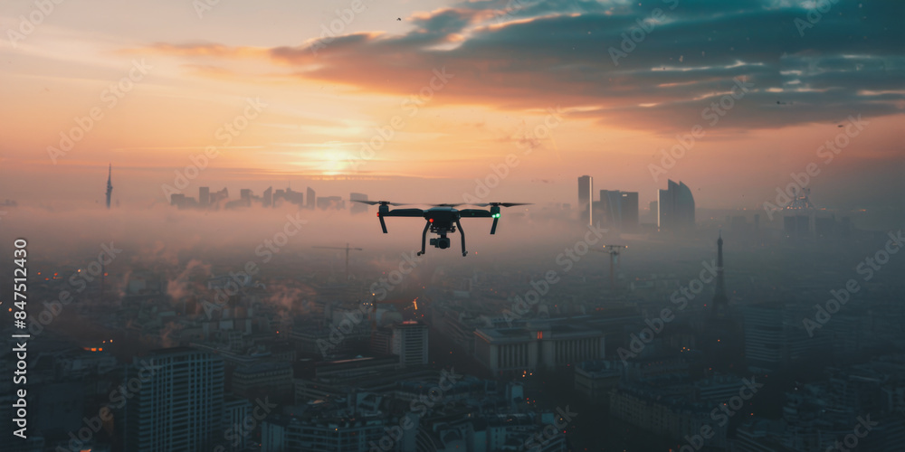 Drone flying over cityscape at sunset Drone flying over cityscape at sunset