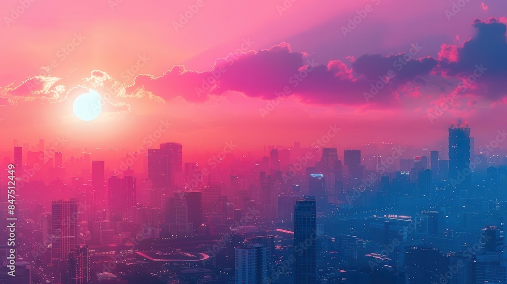 Urban skyline, pink sky, vibrant backdrop Urban skyline, pink sky, vibrant backdrop
