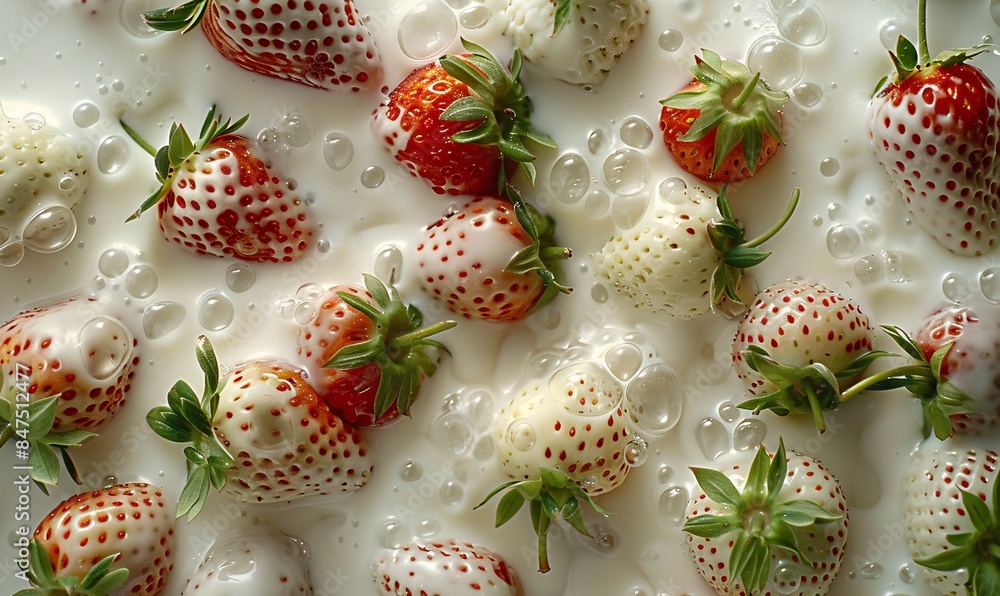 exquisite angel white strawberries amid beautiful milk splashes, viewed from above in a realistic depiction exquisite angel white strawberries amid beautiful milk splashes, viewed from above in a realistic depiction