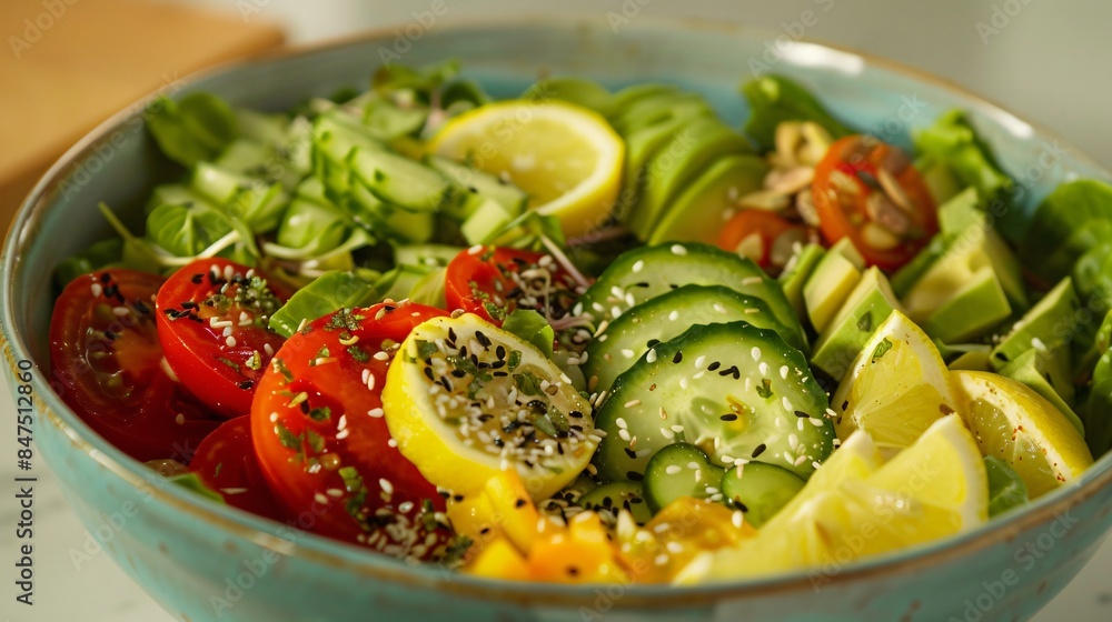 fresh salad in black bowl. variety of greens, including lettuce and spinach, as well as colorful vegetables such as cherry tomatoes, cucumber slices, and what appears to be some yellow bell pepper pie fresh salad in black bowl. variety of greens, including lettuce and spinach, as well as colorful vegetables such as cherry tomatoes, cucumber slices, and what appears to be some yellow bell pepper pie