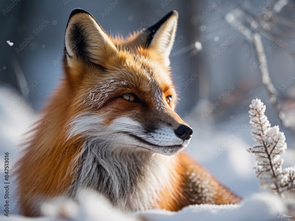Serene Red Fox Peering Through Snow-Covered Foliage Serene Red Fox Peering Through Snow-Covered Foliage