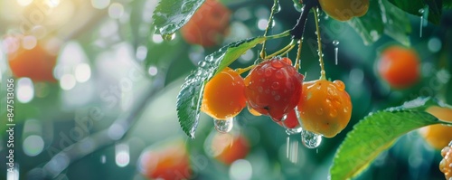 a fresh fruit hanging on a tree, showcasing intricate details and vibrant colors