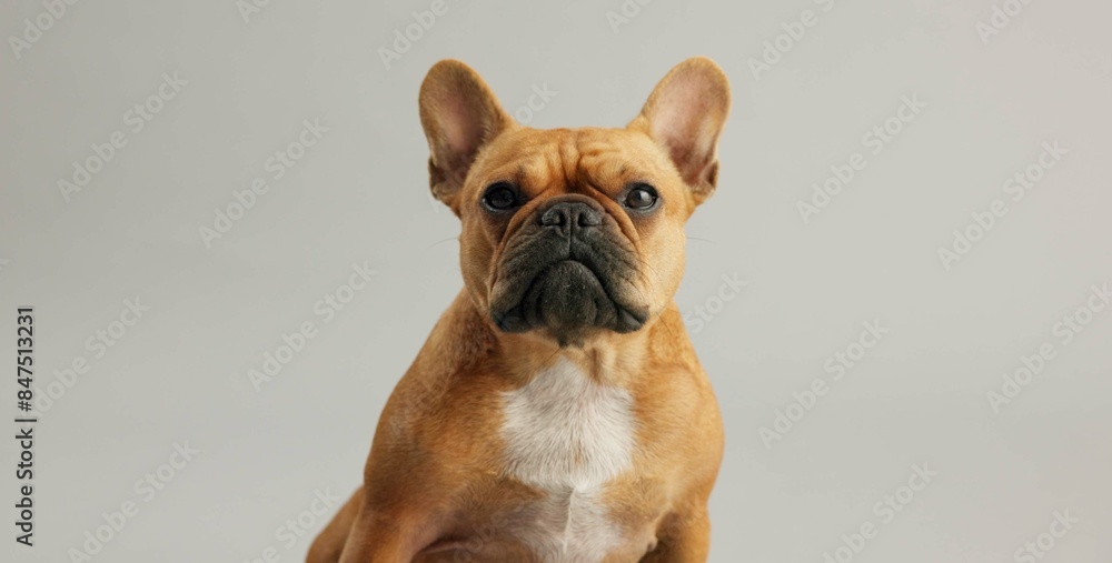 Dog, animal and face of french bulldog in studio for canine companion, adoption and security on mockup. Puppy, pet and relax for foster care, comfortable and curious with wellness on gray background