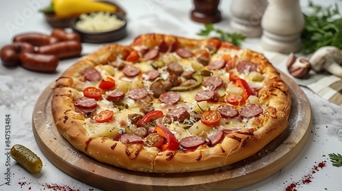 Wallpaper Mural Pizza with salami bell pepper tomatoes and cheese pickles bacon and sausages on a light background Torontodigital.ca