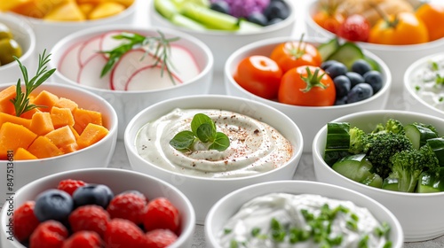 Close-up of various fresh fruits, vegetables, and dips in white bowls, perfect for promoting healthy eating and natural foods.
