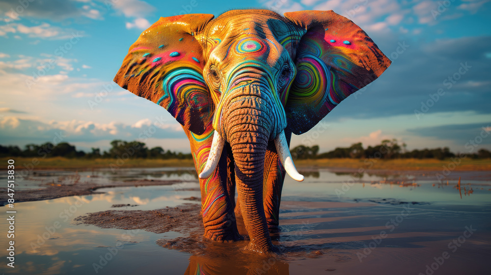 Fototapeta premium elephant with eyes twice as big, adorned in rainbow colors on both sides, Ai Generated.