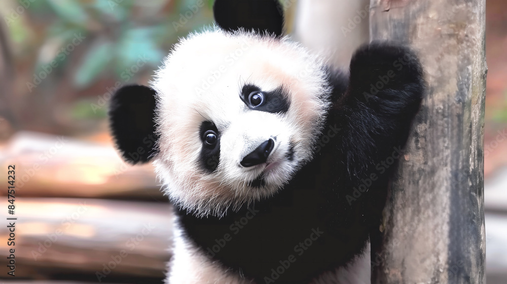 cute baby panda is clinging to a wooden post, looking at the camera with a curious expression. The background is warm and slightly blurred, drawing attention to its playful and endearing pose cute baby panda is clinging to a wooden post, looking at the camera with a curious expression. The background is warm and slightly blurred, drawing attention to its playful and endearing pose