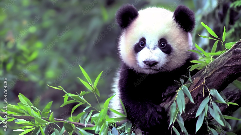 cute baby panda is perched on a tree branch surrounded by leafy greens. The panda appears to be exploring its environment, with a curious look on its face cute baby panda is perched on a tree branch surrounded by leafy greens. The panda appears to be exploring its environment, with a curious look on its face