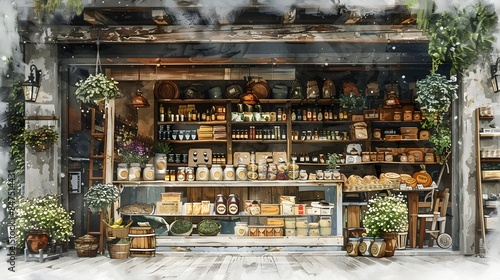 Inviting Rustic Artisanal Marketplace Scene with Handmade Crafts and Vintage Decor on Wooden Shelves