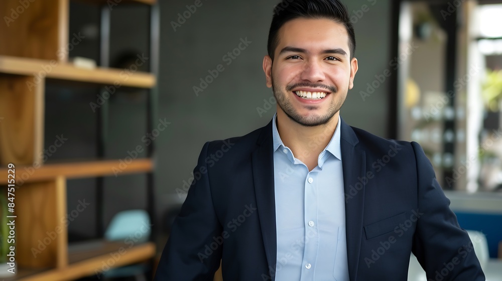 Happy young Latin business man standing in office headshot close up portrait Smiling Hispanic businessman manager successful entrepreneur male professional executive looking at camera : Generative AI Happy young Latin business man standing in office headshot close up portrait Smiling Hispanic businessman manager successful entrepreneur male professional executive looking at camera : Generative AI