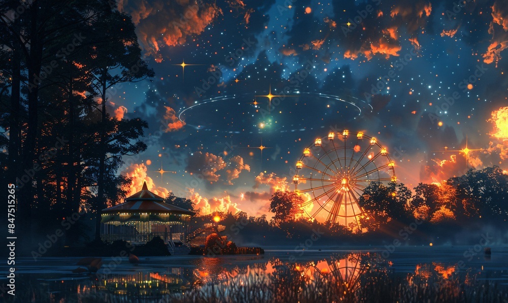 a Ferris wheel set against the backdrop of a majestic, star-filled night sky. a Ferris wheel set against the backdrop of a majestic, star-filled night sky.