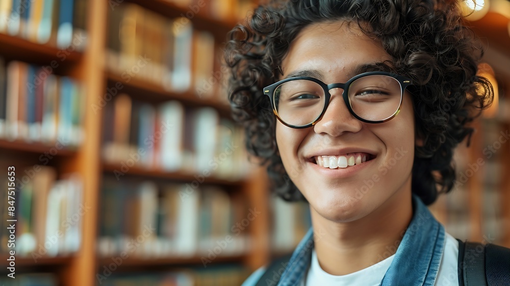 Asian student with curly hair is standing in library Guy wearing glasses looks at camera and happily smiles portrait close up : Generative AI Asian student with curly hair is standing in library Guy wearing glasses looks at camera and happily smiles portrait close up : Generative AI