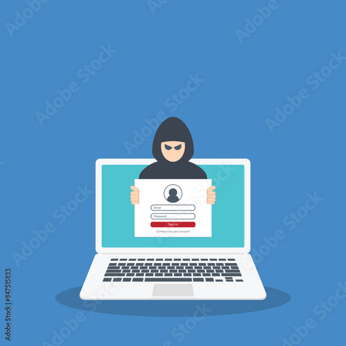 Hacker, cyber criminal looking for password trying to hack security. Credit card, bank account hacking. Vector illustration	