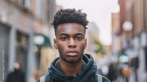 Cool sad lonely young African American guy standing at city street Stylish serious pensive sensitive vulnerable ethnic rebel hipster gen z teen boy looking at camera outdoors close up  : Generative AI photo