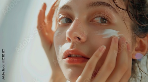 Cream smear Beauty close up portrait of young woman with a healthy skin is applying a facial skincare product Face  daily care routine : Generative AI