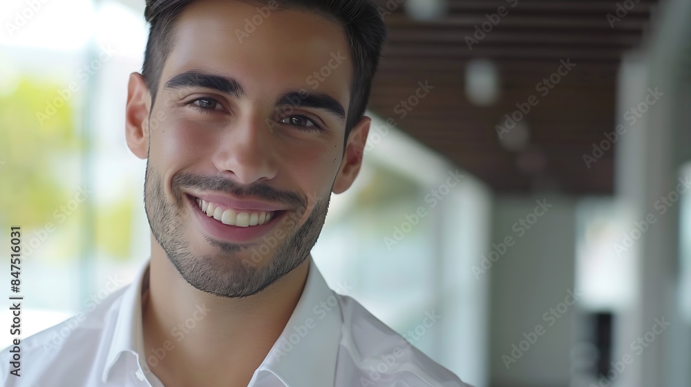 Smiling handsome young business man looking at camera in office headshot close up corporate portrait Happy Latin businessman male entrepreneur professional manager or company employee : Generative AI Smiling handsome young business man looking at camera in office headshot close up corporate portrait Happy Latin businessman male entrepreneur professional manager or company employee : Generative AI