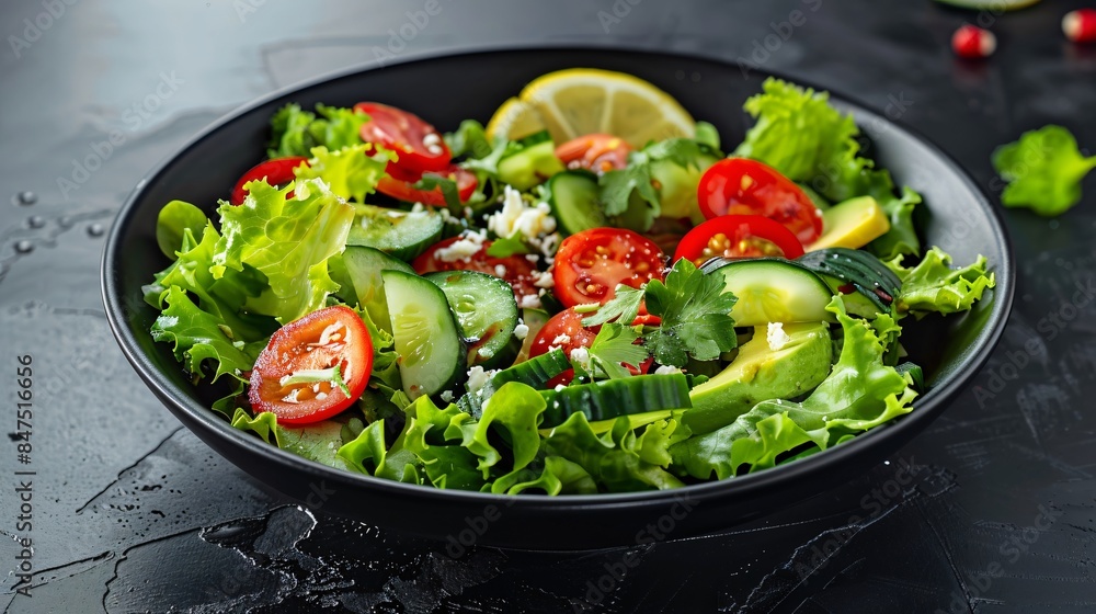 fresh salad in black bowl. variety of greens, including lettuce and spinach, as well as colorful vegetables such as cherry tomatoes, cucumber slices, and what appears to be some yellow bell pepper pie fresh salad in black bowl. variety of greens, including lettuce and spinach, as well as colorful vegetables such as cherry tomatoes, cucumber slices, and what appears to be some yellow bell pepper pie