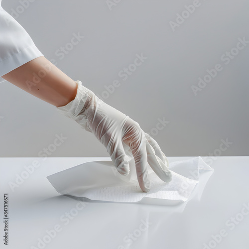 A person wearing a white lab coat is cleaning a surface with a paper towel. Concept of cleanliness and orderliness, as the person is using a paper towel to wipe away dirt or grime