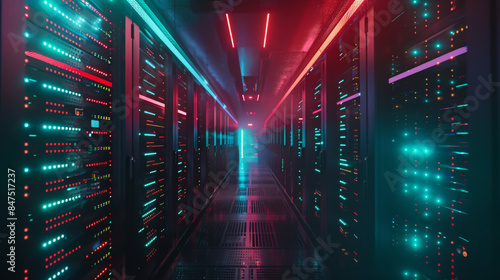 A data center with rows of servers and blinking lights, storing and processing vast amounts of information photo
