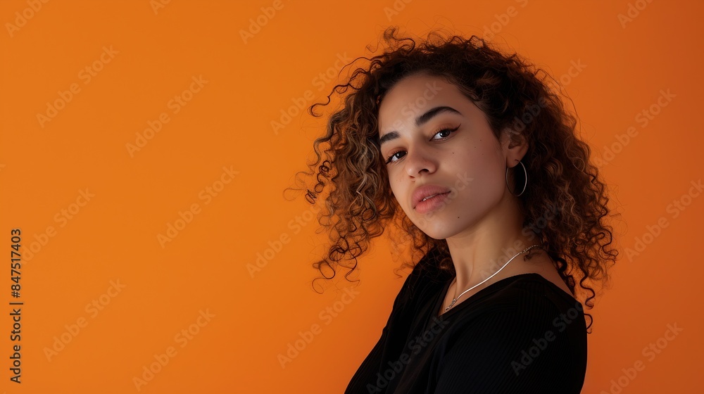 Closeup of a confident young woman with curly hair standing in front of an orange studio background : Generative AI Closeup of a confident young woman with curly hair standing in front of an orange studio background : Generative AI