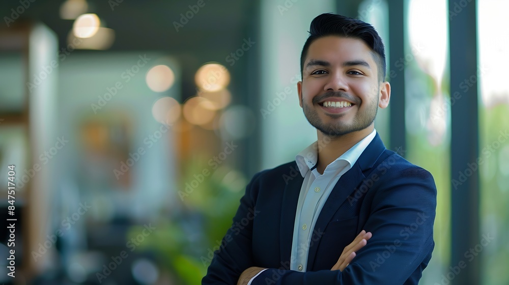 Happy young Latin business man standing in office headshot close up portrait Smiling Hispanic businessman manager successful entrepreneur male professional executive looking at camera : Generative AI Happy young Latin business man standing in office headshot close up portrait Smiling Hispanic businessman manager successful entrepreneur male professional executive looking at camera : Generative AI