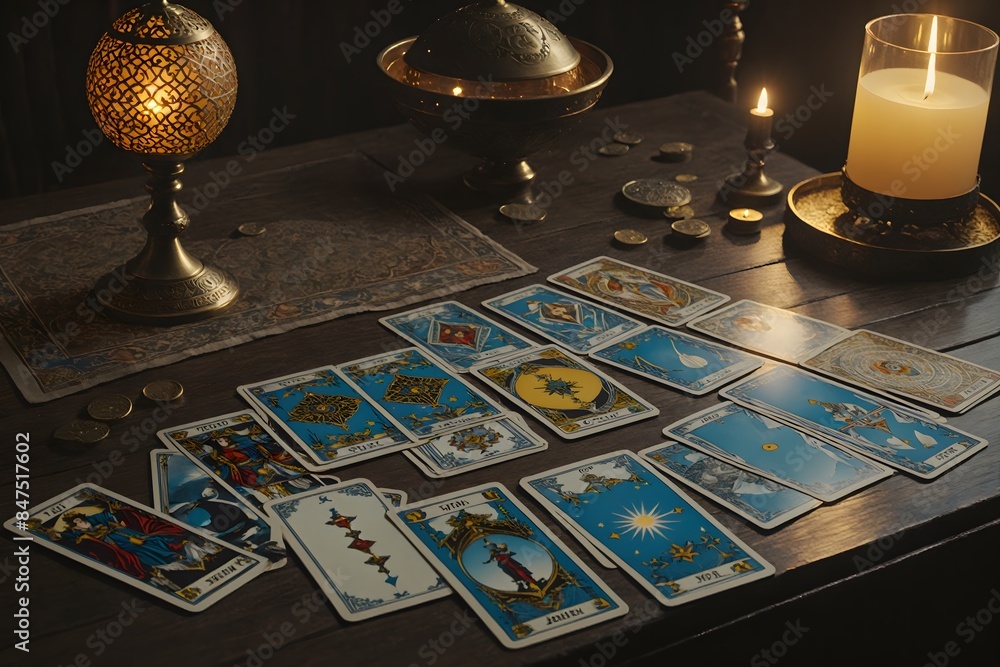 Tarot Cards and Candles on a Table. Tarot Cards and Candles on a Table.