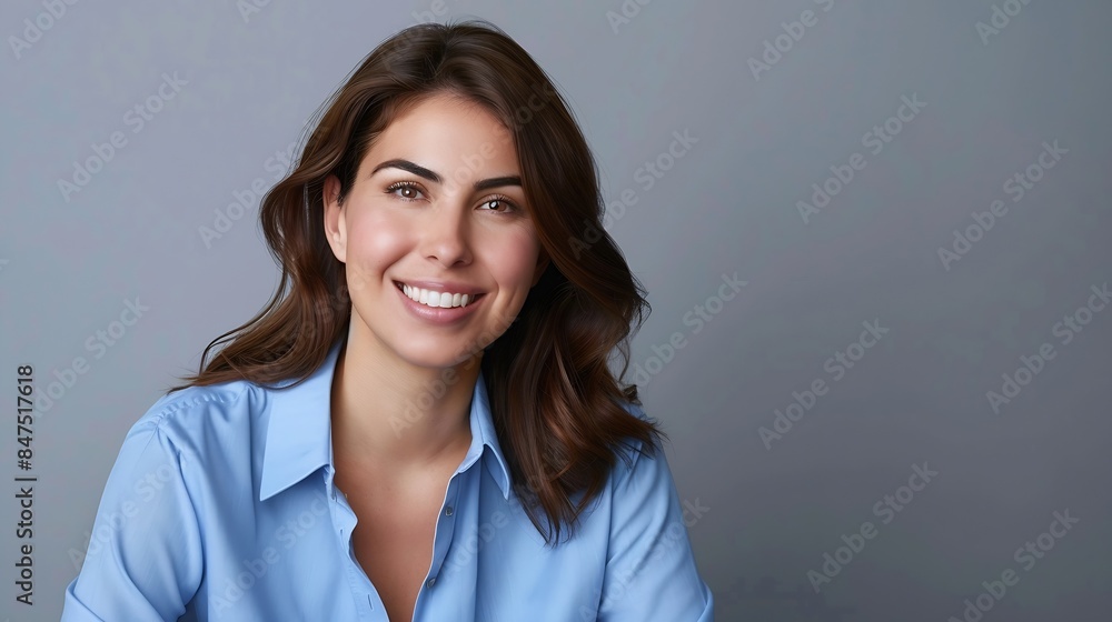 Smiling brunette businesswoman sitting against gray background Confident female professional is wearing blue shirt She is having brown hair Copy space : Generative AI Smiling brunette businesswoman sitting against gray background Confident female professional is wearing blue shirt She is having brown hair Copy space : Generative AI