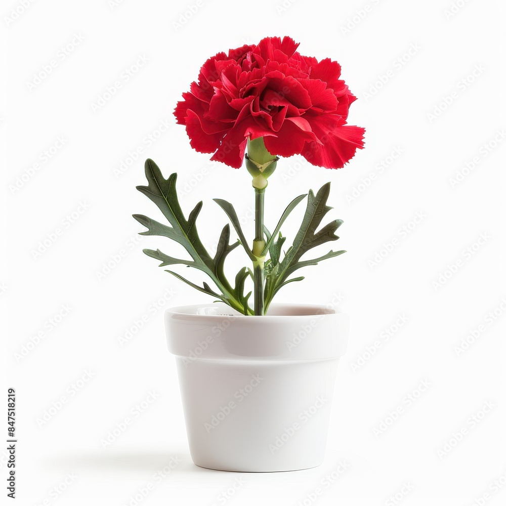 A Carnation in a white pot, no shadow, isolated on white background 
