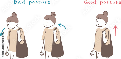 姿勢が良い女性と悪い女性のイラスト素材
