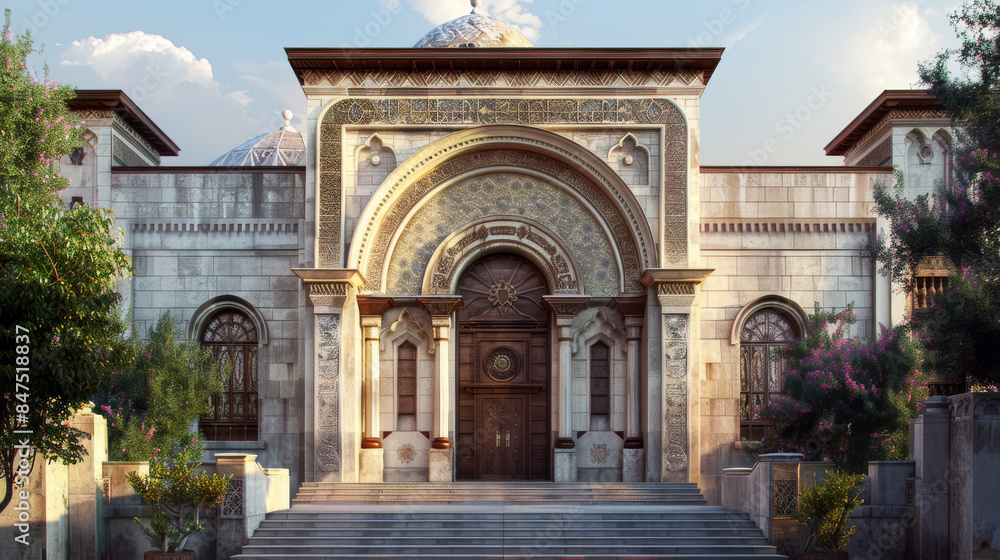 A large, ornate church with a stained glass window A large, ornate church with a stained glass window