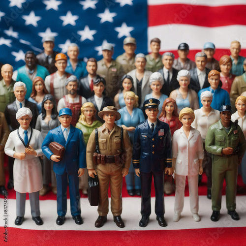 diversity people miniature figurines and flag of USA, we the people concept, photo realistic illustration