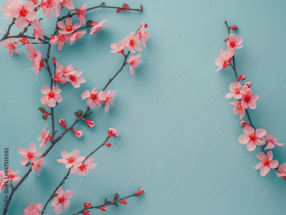 Flat lay spring pink flowers on a branch. Blue background graphic banner with copyspace - ai Flat lay spring pink flowers on a branch. Blue background graphic banner with copyspace - ai