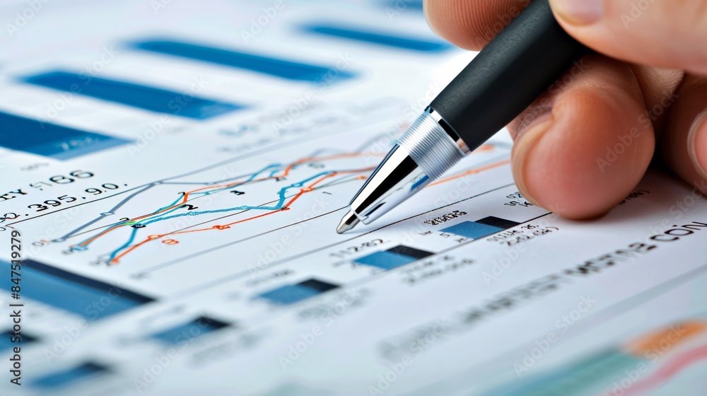 An ultra-sharp photograph of a hand holding a pen over a detailed financial plan, with clear graphs and data points visible on the paper An ultra-sharp photograph of a hand holding a pen over a detailed financial plan, with clear graphs and data points visible on the paper