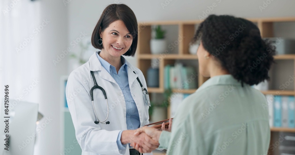Fototapeta premium Healthcare, hello or girl and doctor with handshake in office for surgery, agreement or support. Hospital, service and client shaking hands with surgeon for medical plan, approval or treatment trust