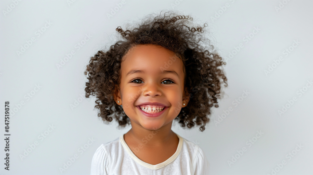 A close-up of a joyful young African-American girl with curly pigtails, beaming with a bright smile. She wears a beige top against a plain white background, radiating happiness and innocence. A close-up of a joyful young African-American girl with curly pigtails, beaming with a bright smile. She wears a beige top against a plain white background, radiating happiness and innocence.
