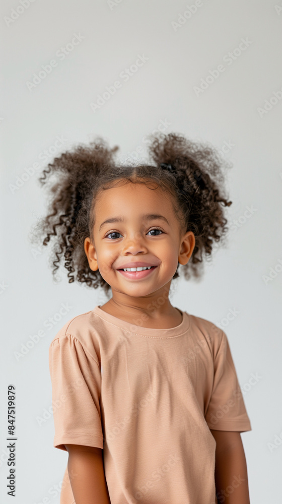 A close-up of a joyful young African-American girl with curly pigtails, beaming with a bright smile. She wears a beige top against a plain white background, radiating happiness and innocence. A close-up of a joyful young African-American girl with curly pigtails, beaming with a bright smile. She wears a beige top against a plain white background, radiating happiness and innocence.