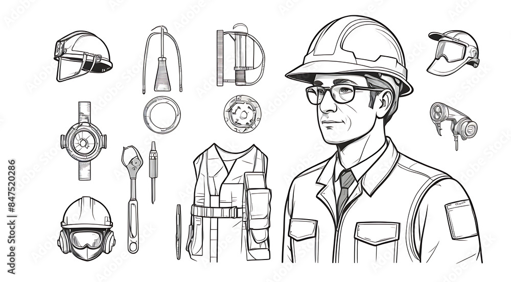 An engineer wearing a uniform and protective helmet, equipped with various construction instruments, depicted in thin line style vector illustrations on white background, hand drawn 2d design An engineer wearing a uniform and protective helmet, equipped with various construction instruments, depicted in thin line style vector illustrations on white background, hand drawn 2d design