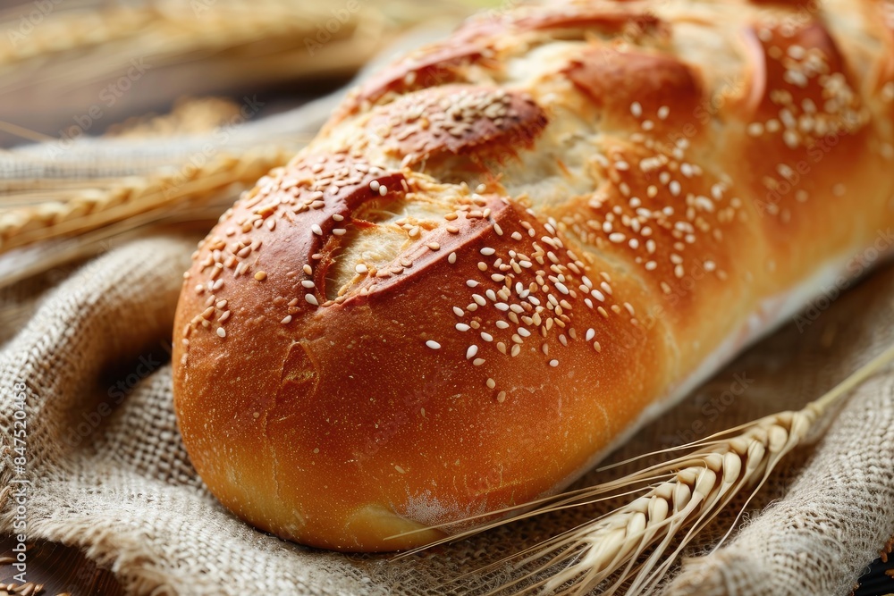 Close-up of a freshly baked bread on a rustic setting Close-up of a freshly baked bread on a rustic setting