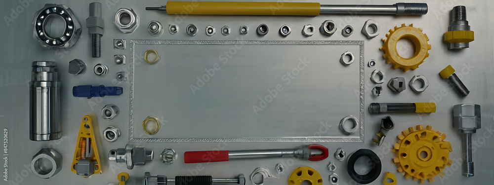 Top view shot of A frame composed of various Engineer's items arranged on a light metal background, engineering equipment, nut and bolts
Top view shot of A frame composed of various Engineer's items arranged on a light metal background, engineering equipment, nut and bolts