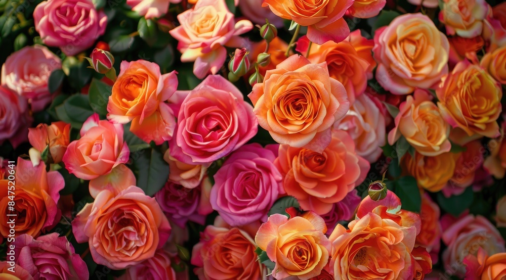 Close-up of beautiful, lush pink and orange roses, illustrating a romantic and vibrant floral pattern Close-up of beautiful, lush pink and orange roses, illustrating a romantic and vibrant floral pattern