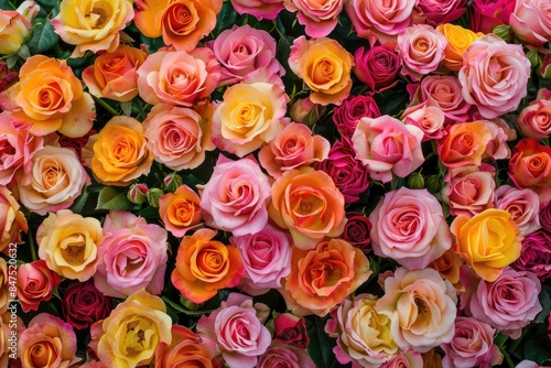 Close-up of beautiful  lush pink and orange roses  illustrating a romantic and vibrant floral pattern