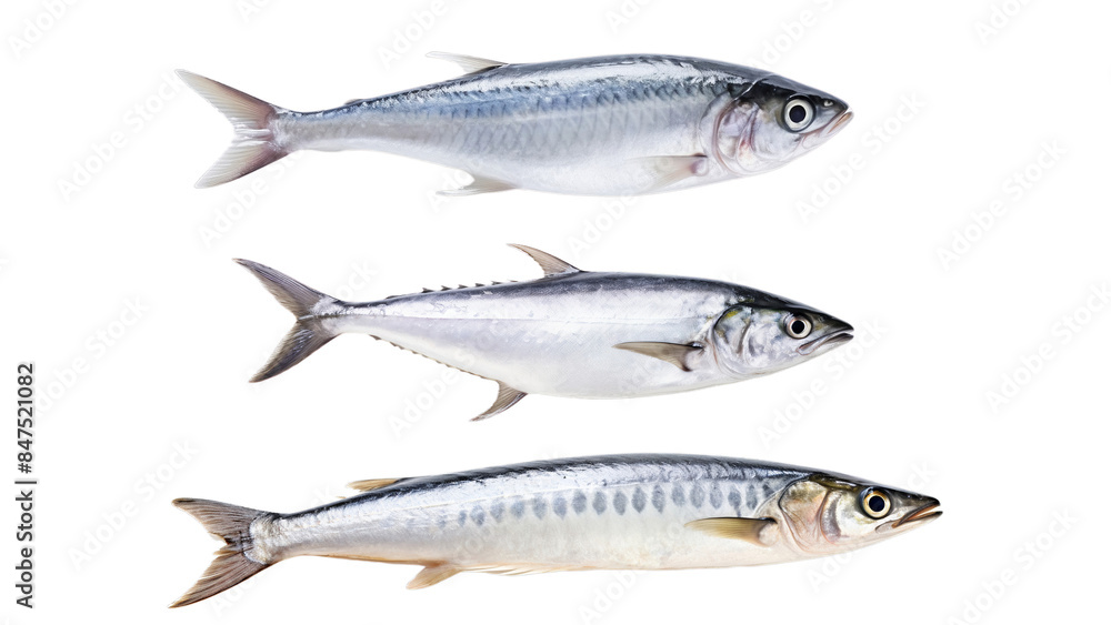 Close-up of three fresh mackerel fish arranged in a row on background, showcasing their shiny scales and natural . Close-up of three fresh mackerel fish arranged in a row on background, showcasing their shiny scales and natural .
