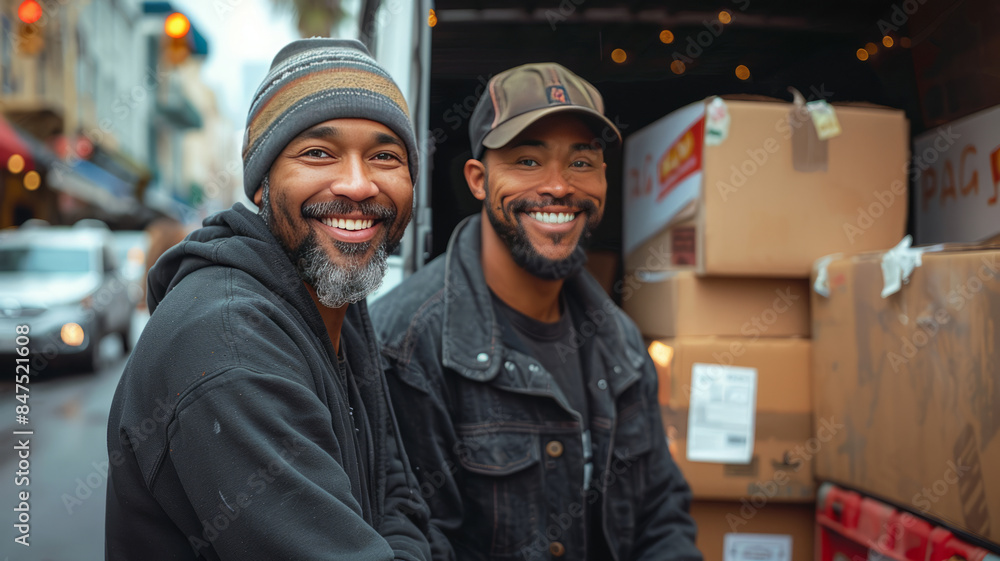 two happy movers loading a truck wearing working black clothes, generative ai two happy movers loading a truck wearing working black clothes, generative ai