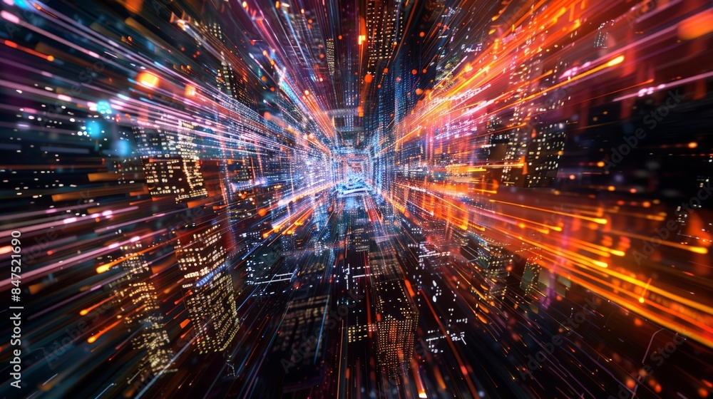 Fototapeta premium Abstract urban night scene with bright streaks of colorful lights creating a dynamic, futuristic cityscape visual effect.