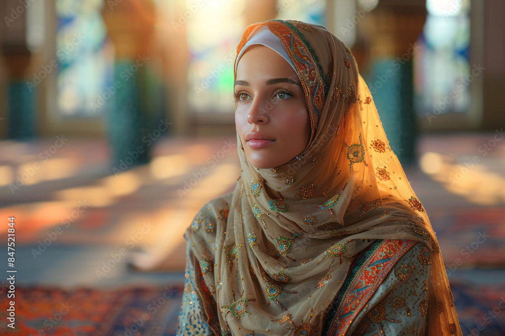 Muslim woman is praying in the mosque,generative ai Muslim woman is praying in the mosque,generative ai